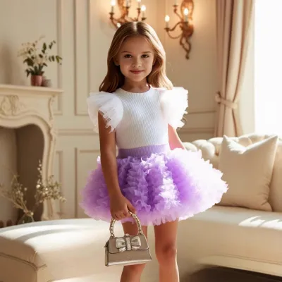 Kids Girls' Cute Solid Color Short Flying Sleeve Mesh Top and Skirt Two-Piece Suit