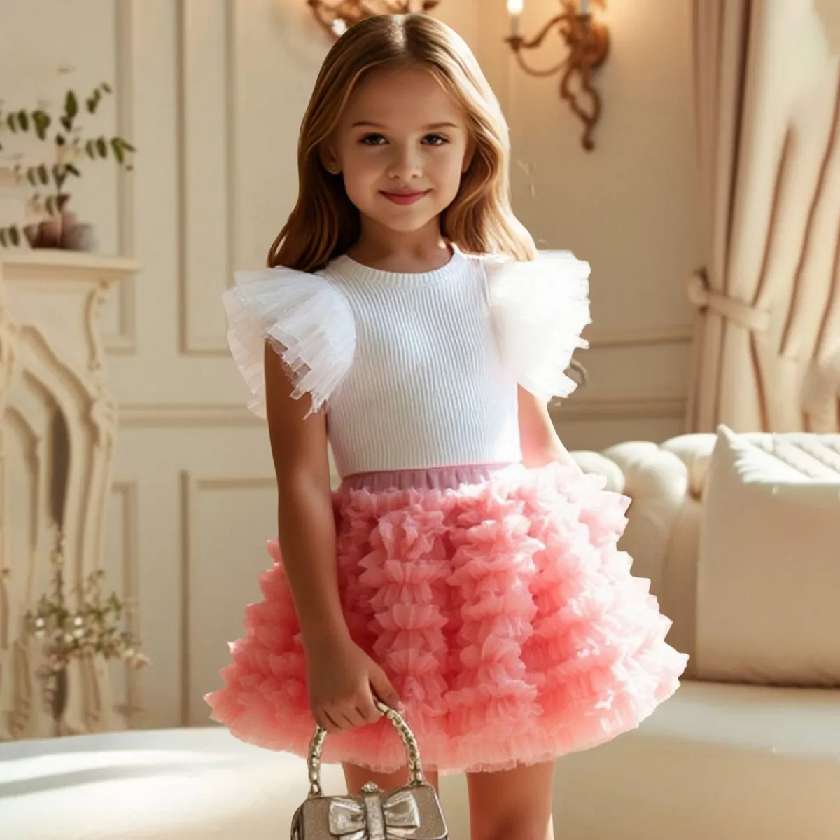 Kids Girls' Cute Solid Color Short Flying Sleeve Mesh Top and Skirt Two-Piece Suit