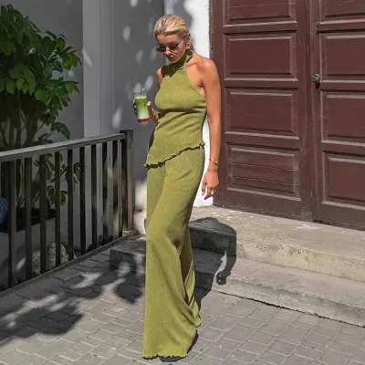 Women's Sexy Solid Color Pleated Halter-Neck Tank Top Wide Leg Pants Two-Piece Set