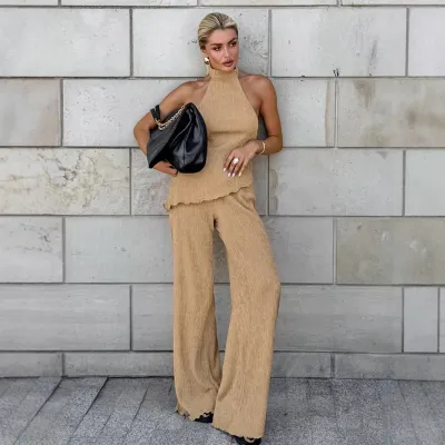 Women's Sexy Solid Color Pleated Halter-Neck Tank Top Wide Leg Pants Two-Piece Set
