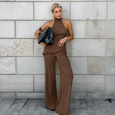 Women's Sexy Solid Color Pleated Halter-Neck Tank Top Wide Leg Pants Two-Piece Set