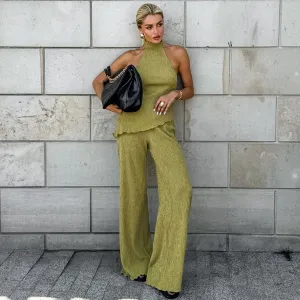 Women's Sexy Solid Color Pleated Halter-Neck Tank Top Wide Leg Pants Two-Piece Set