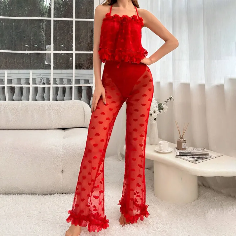Women Sexy Love Printed Lace Mesh Pajamas Two-Piece Set for Valentine's Party