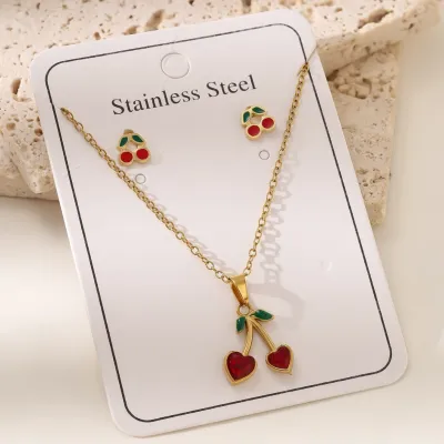 Women Fashion Cute Cherry O-Chain Pendant Necklace Earrings Set 18K Titanium Steel