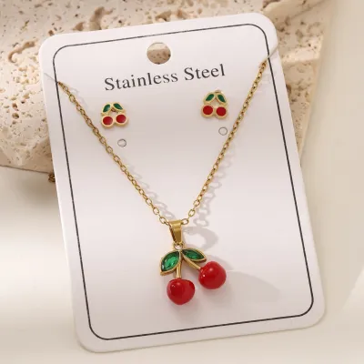 Women Fashion Cute Cherry O-Chain Pendant Necklace Earrings Set 18K Titanium Steel