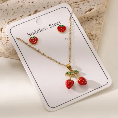 Women Fashion Cute Cherry O-Chain Pendant Necklace Earrings Set 18K Titanium Steel