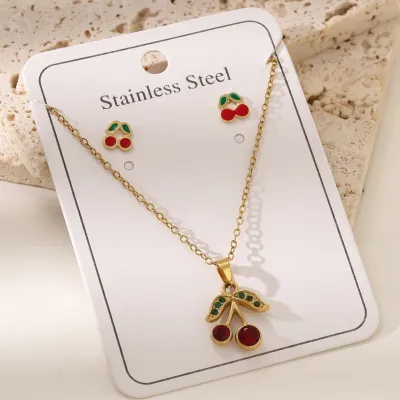 Women Fashion Cute Cherry O-Chain Pendant Necklace Earrings Set 18K Titanium Steel