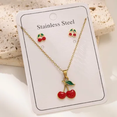 Women Fashion Cute Cherry O-Chain Pendant Necklace Earrings Set 18K Titanium Steel