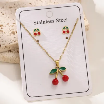 Women Fashion Cute Cherry O-Chain Pendant Necklace Earrings Set 18K Titanium Steel
