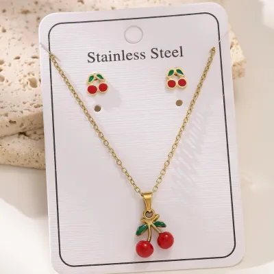 Women Fashion Cute Cherry O-Chain Pendant Necklace Earrings Set 18K Titanium Steel