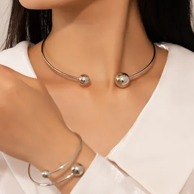 Women Fashion Exaggerated Metal Ball Collar Necklace Bracelet Set