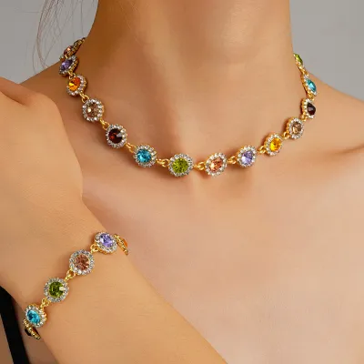 Women Fashion Multicolor Zircon Bracelet Necklace Set