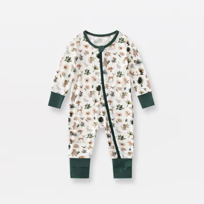 Kids Baby Boys Girls Bamboo Fiber Long-Sleeve Printed Jumpsuit Single-Breasted
