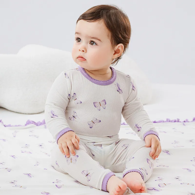 Kids Baby Girls Fashion Printed Long-Sleeve Loose Pants Pajama Two-Piece Set in Bamboo Fiber