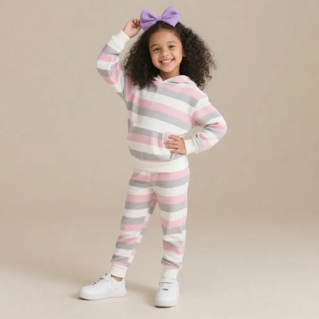 Kids Girls Fashion Casual Autumn Stripe Long Sleeve Hoodie Slim Fit Pants Two-Piece Set