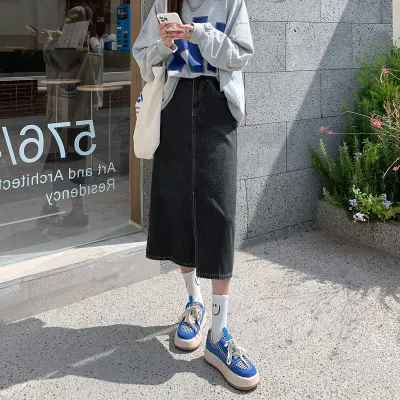 Women Casual High Waist Denim Split A-Line Skirt