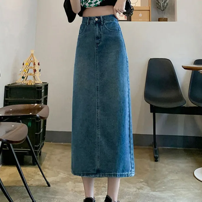 Women Casual High Waist Denim Split A-Line Skirt