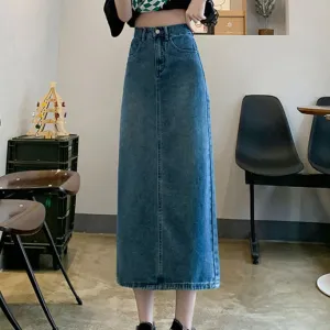 Women Casual High Waist Denim Split A-Line Skirt