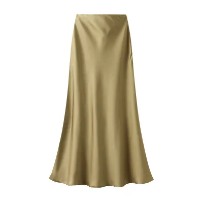 Women's Elegant Satin High Waist Fishtail Skirt - Solid Color Midi