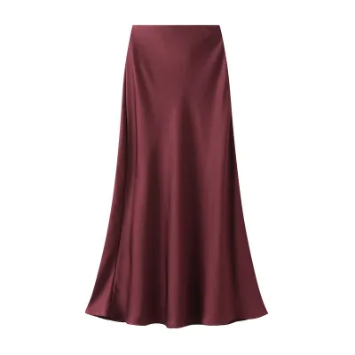 Women's Elegant Satin High Waist Fishtail Skirt - Solid Color Midi