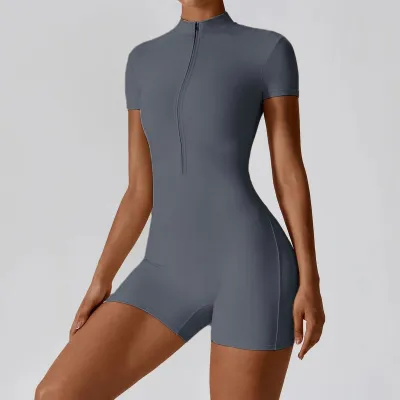 Women's Casual Solid Color Short-Sleeve Zipper Tight Sports Romper