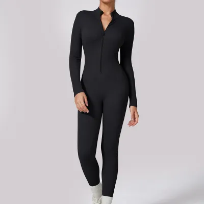 Women's Quick-Dry Long Sleeve Zipper Yoga Jumpsuit - Solid Color Sportswear
