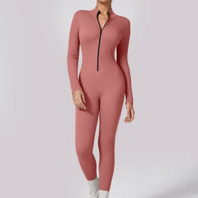 Women's Quick-Dry Long Sleeve Zipper Yoga Jumpsuit - Solid Color Sportswear