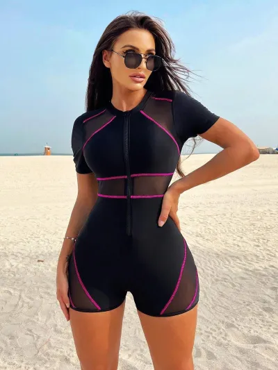 Women's Casual Sporty Stitching Short-Sleeve Zipper Racing One-Piece Swimsuit