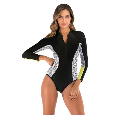 Women Fashion Casual Sports Printed Zipper Long-Sleeve One-Piece Racing Swimsuit