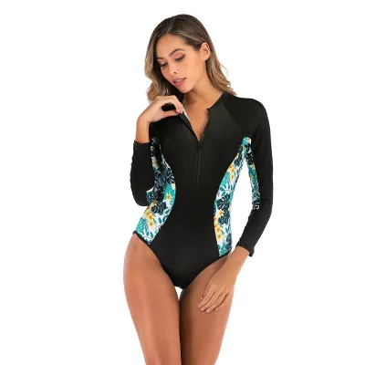 Women Fashion Casual Sports Printed Zipper Long-Sleeve One-Piece Racing Swimsuit
