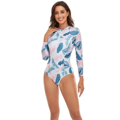 Women Fashion Casual Sports Printed Zipper Long-Sleeve One-Piece Racing Swimsuit