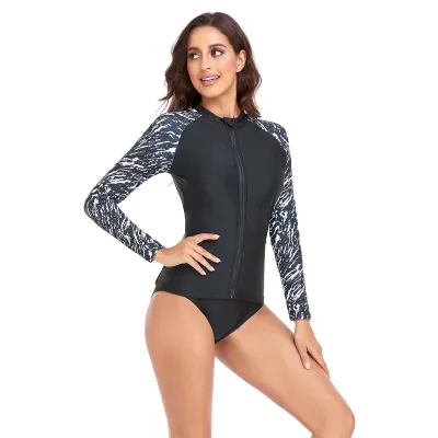 Women Fashion Casual Sports Printed Zipper Long-Sleeve One-Piece Racing Swimsuit