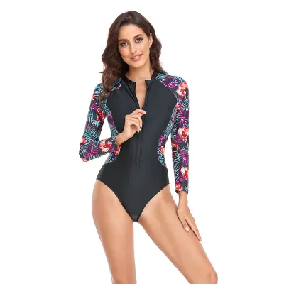 Women Fashion Casual Sports Printed Zipper Long-Sleeve One-Piece Racing Swimsuit