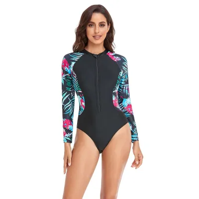 Women Fashion Casual Sports Printed Zipper Long-Sleeve One-Piece Racing Swimsuit