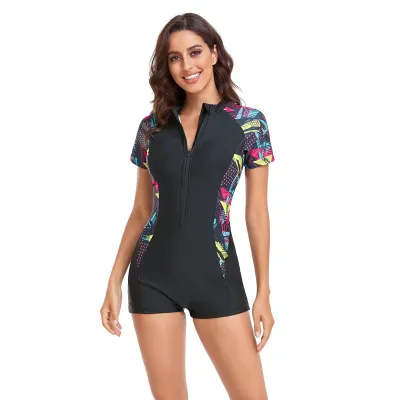 Women Fashion Casual Sports Printed Zipper Long-Sleeve One-Piece Racing Swimsuit