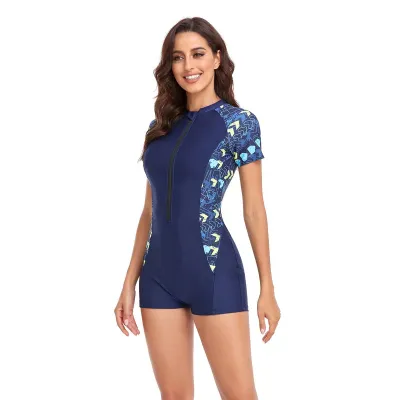 Women Fashion Casual Sports Printed Zipper Long-Sleeve One-Piece Racing Swimsuit