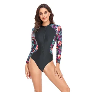 Women Fashion Casual Sports Printed Zipper Long-Sleeve One-Piece Racing Swimsuit