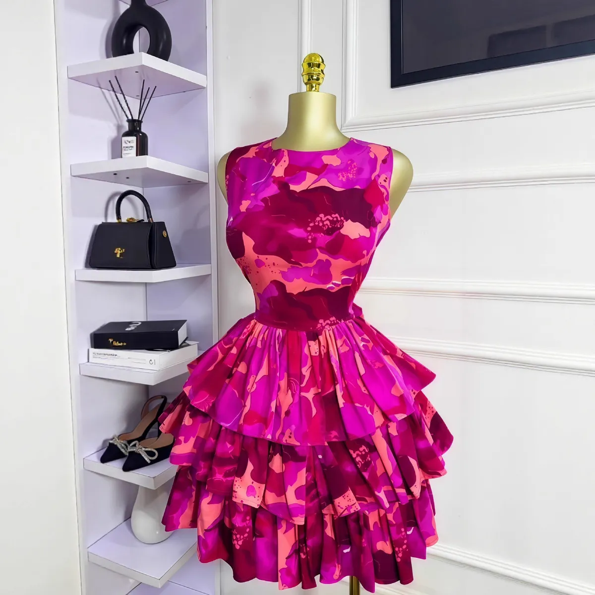 Women Fashion Printed Sleeveless Crewneck Pleated Party Cake Dress