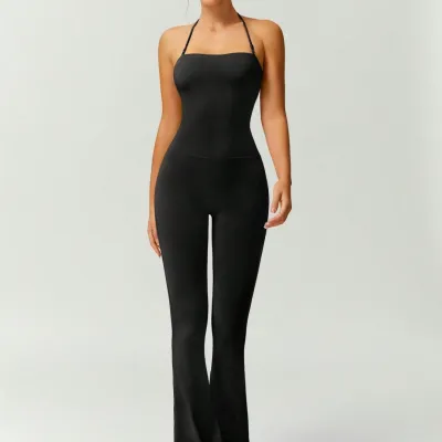 Women's Halter-Neck Slim-Fit Yoga Sports Jumpsuit Solid Color
