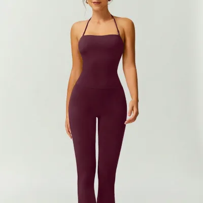 Women's Halter-Neck Slim-Fit Yoga Sports Jumpsuit Solid Color