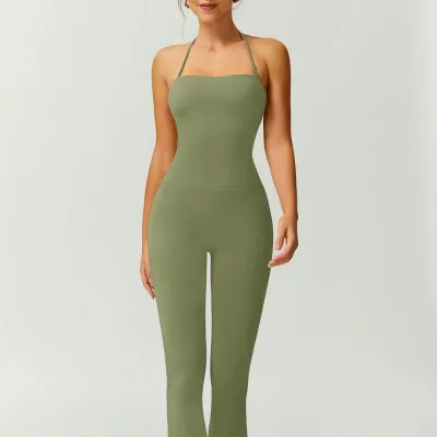 Women's Halter-Neck Slim-Fit Yoga Sports Jumpsuit Solid Color