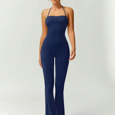 Women's Halter-Neck Slim-Fit Yoga Sports Jumpsuit Solid Color