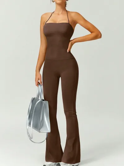 Women's Halter-Neck Slim-Fit Yoga Sports Jumpsuit Solid Color