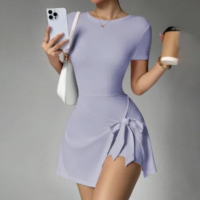 Women Casual Solid Color Fake Two-Piece Anti-Glare Short-Sleeve Lace-Up Yoga Sports Dress