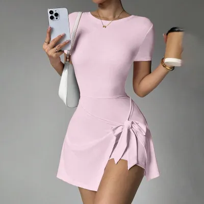 Women Casual Solid Color Fake Two-Piece Anti-Glare Short-Sleeve Lace-Up Yoga Sports Dress