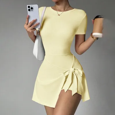 Women Casual Solid Color Fake Two-Piece Anti-Glare Short-Sleeve Lace-Up Yoga Sports Dress