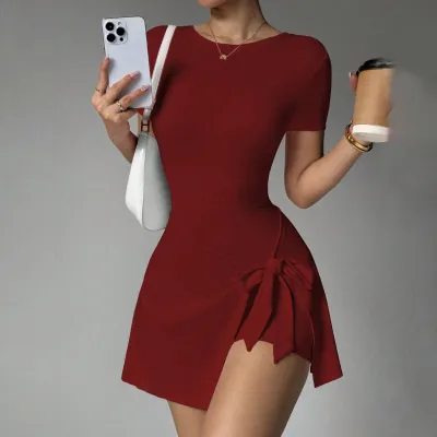 Women Casual Solid Color Fake Two-Piece Anti-Glare Short-Sleeve Lace-Up Yoga Sports Dress