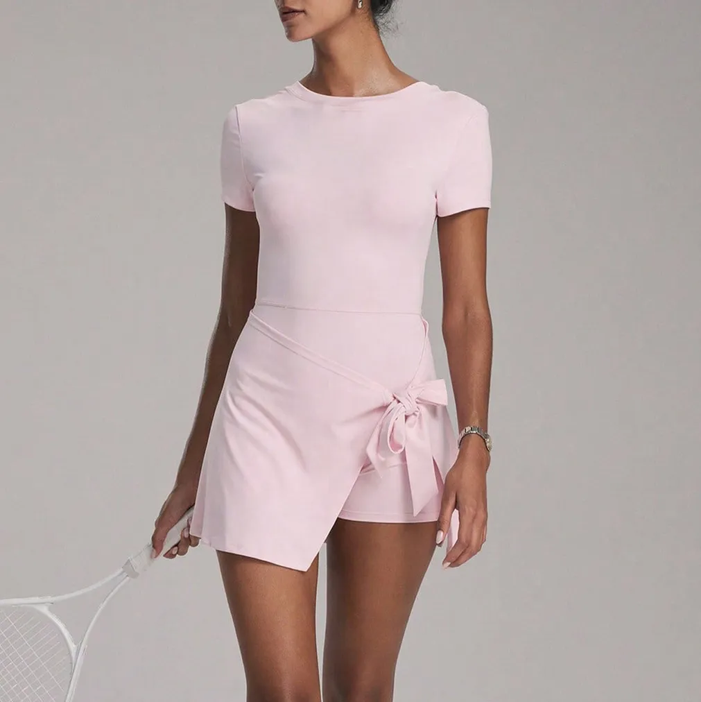 Women Casual Solid Color Fake Two-Piece Anti-Glare Short-Sleeve Lace-Up Yoga Sports Dress
