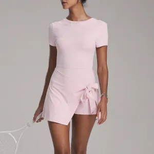 Women Casual Solid Color Fake Two-Piece Anti-Glare Short-Sleeve Lace-Up Yoga Sports Dress