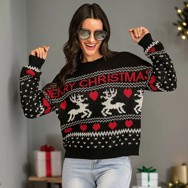 Women's Fashion Christmas Elk Jacquard Cotton Crewneck Long Sleeve Sweater Loose Fit